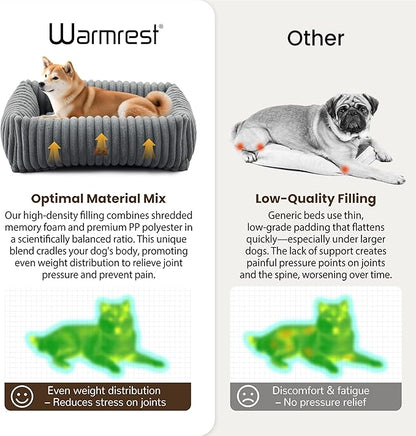 Warmrest Washable Dog Bed for Small Medium Dogs - Rectangle Orthopedic Corduroy Fleece Pet Bed with Removable Cover and Nonskid Bottom, Calming Puppy Bed Soft Pet Sofa, Grey(35x25x9inchs)
