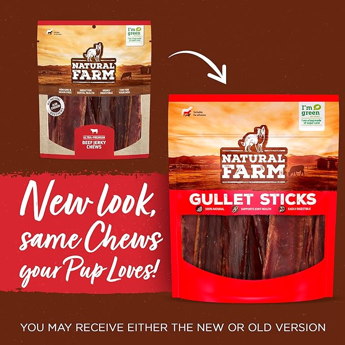 Natural Farm Gullet Sticks (4-5 Inch, 25 Pack), Grain-Free, Preservative-Free & Fully Digestible Beef Esophagus – Gentle Yet Effective Fun - Best for Light, Pups & Senior Chewers