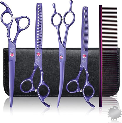 Professional Dog Scissors Set - 7 Inch/8 Inch Curved Chunkers & Thinning Shears with Grooming Comb