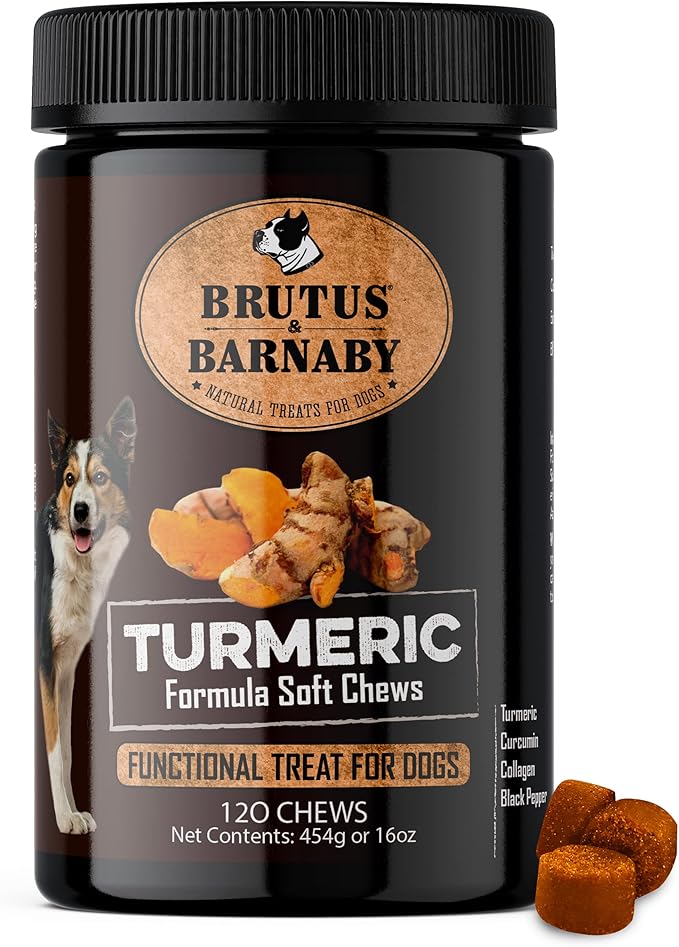 BRUTUS & BARNABY Turmeric for Dogs Anti Inflammatory Pain Relief - Curcumin for Dogs Chews with Collagen & Bioprene - Turmeric Supplement for Dogs Hips, Joint & Mobility Support (120 Count)