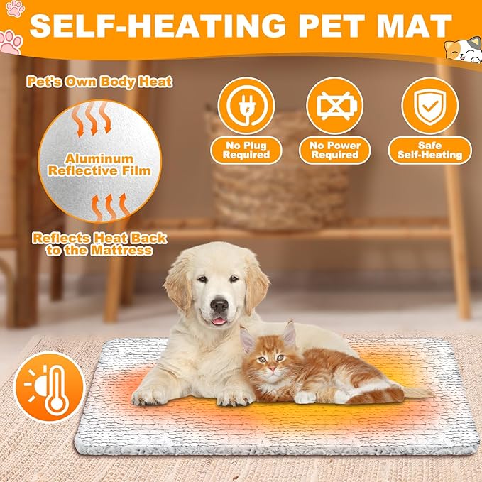 Riakrum 4 Pack Self-Warming Cat Beds with Storage Bags, 45" x 28" Soft Thermal Self Heating Pet Pads, Non-Slip & Washable Heated Mats for Indoor Outdoor Pet