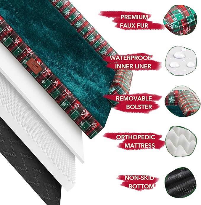 XL Christmas Dog Bed for Extra Large Dogs-Waterproof Large Dog Cat Bed with Sides,Foam Big Pet Couch Sofa Beds with Washable Removable Cover，Comfort Orthopedic Pet Beds with Non-Slip Bottom