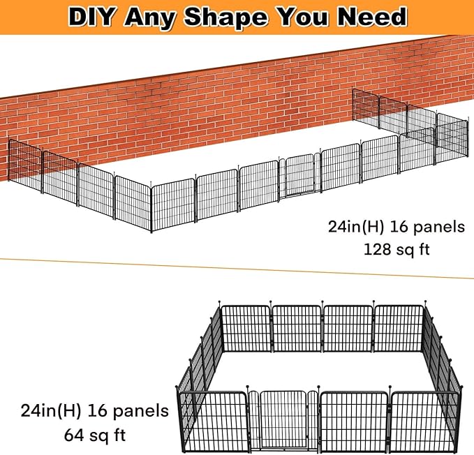 Getlay Dog Playpen 24 inch(H) 16 Panels Dog Fence Outdoor for Yard. Metal Dog Pen Heavy Duty Pet Puppy Exercise Pen for Rv Camping Garden Yard, Wide Door Low Threshold Dog Fence Total 31.4 Ft(L)
