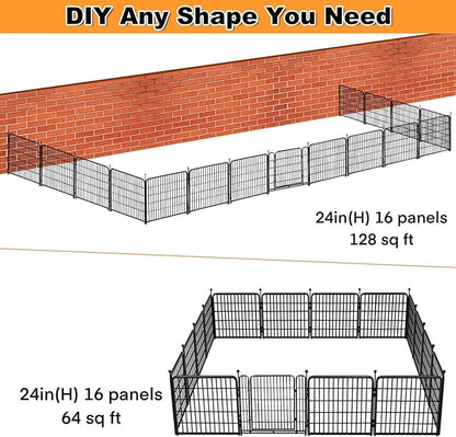Getlay Dog Playpen 24 inch(H) 16 Panels Dog Fence Outdoor for Yard. Metal Dog Pen Heavy Duty Pet Puppy Exercise Pen for Rv Camping Garden Yard, Wide Door Low Threshold Dog Fence Total 31.4 Ft(L)
