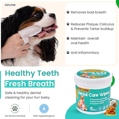 PUP PAW Vet Recommended Dog & Cat Dental Wipes - Freshens Breath - Easy Daily Oral Care - Dog Tooth Brushing Kit - Dental Finger Wipes for Pets - 50 Count