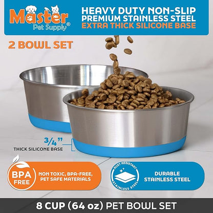 Master Pet Supply Stainless Steel Dog Bowls Set of 2 with Extra Thick Silicone Base - 8 Cup (64 oz) True Blue, Non-Slip, Dishwasher Safe Metal Bowls, Pet Dog Food Bowl for Dogs, Cats, Anti Rust