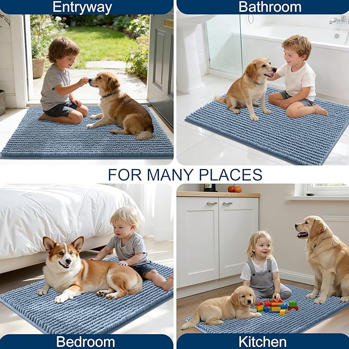 OLANLY Dog Door Mat for Muddy Paws 36x24, Ultra Absorbent Chenille Mud Doormat, Non-Slip Washable and Dirt Trapping Doormat for Indoor Entryway, Quick-Dry Indoor Pet Bed Mats for Dogs, Airy Blue