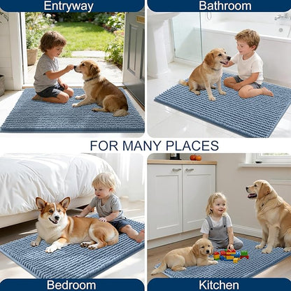 OLANLY Dog Door Mat for Muddy Paws 24x16, Ultra Absorbent Chenille Mud Doormat, Non-Slip Washable and Dirt Trapping Doormat for Indoor Entryway, Quick-Dry Indoor Pet Bed Mats for Dogs, Airy Blue
