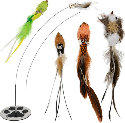GADGETSOLOGY Interactive Bird Simulation Cat Toy Set for Bored Indoor Adult Cats Feather Toy Wand 5 Pcs Natural Bird Feathers Stable Round Base Wand Cat Toys for Indoor Cats Hunting Toys