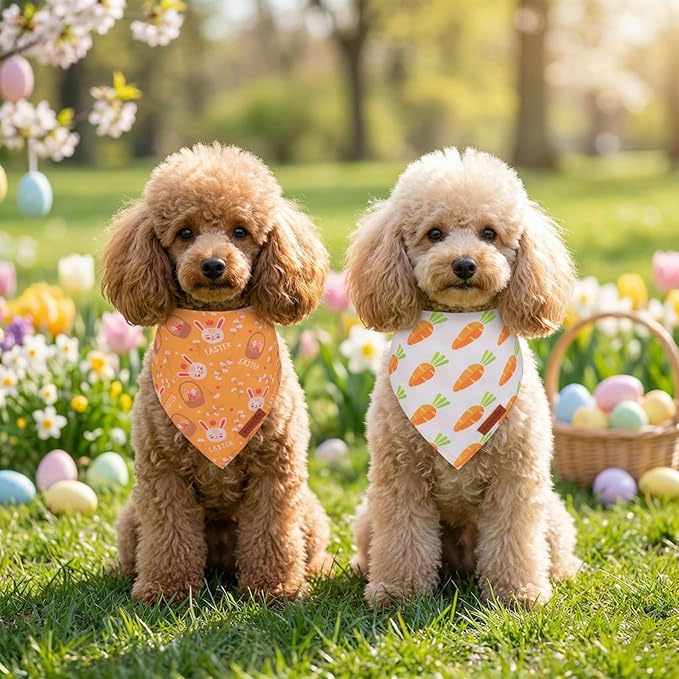 PTDECOR Easter Dog Bandana 2 Pack, Reversible Rabbit Carrot Dog Scarf, Multi Size Offered, Yellow White Easter Bandanas for Small Dogs Pets (Small)