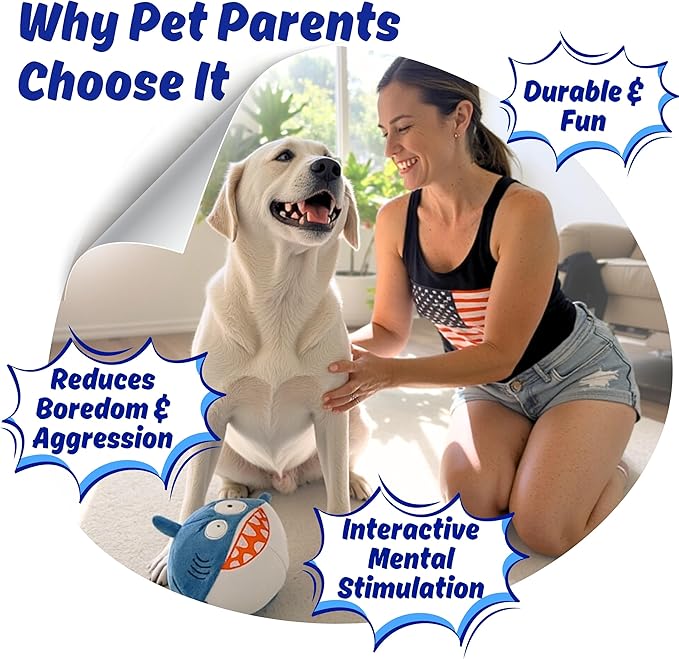 3 in 1 Squeaky Soft Plush Super Durable Dog Chew Toy for Aggressive Chewers, No Stuffing Interactive Tough Rip & Reveal Crinkle Shark Ball in Gift Box, Puppy, Small & Large Breed Pet Birthday Present