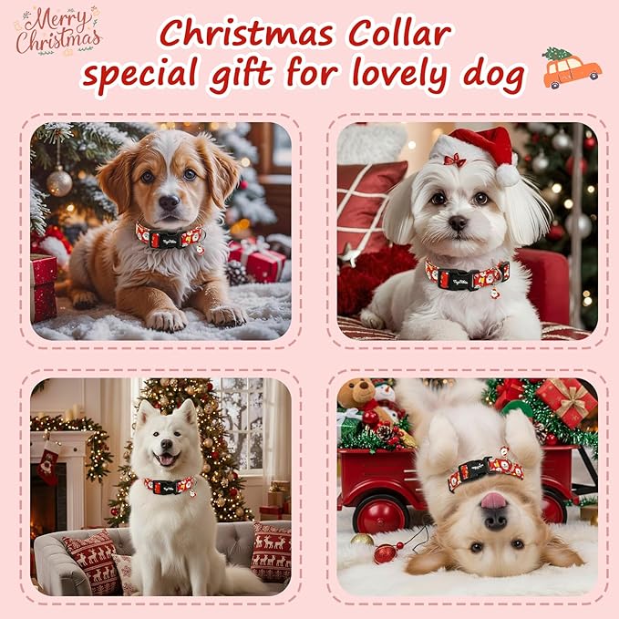 Christmas Dog Collar for Medium Dogs, Adjustable Red Small Dog Collars with Jolly Santa Pattern, Cute Dog Christmas Collar for Dogs, Winter Holiday Dog Collar for Girl Boy Dog-M