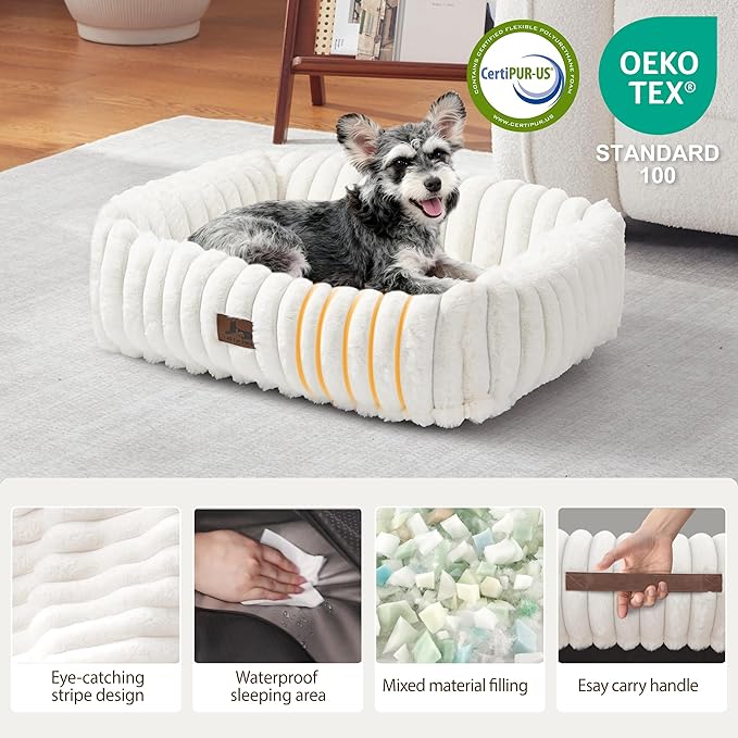 Warmrest Washable Dog Bed for Small Medium Dogs - Rectangle Orthopedic Corduroy Fleece Pet Bed with Removable Cover and Nonskid Bottom, Calming Puppy Bed Soft Pet Sofa, Cream(20x19x6inchs)