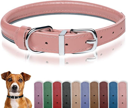 OOPSDOGGY Rolled Leather Dog Collar Reflective Roll Collars for Small Medium Large Dogs Puppy (Blush, XL, 17'' - 21'')