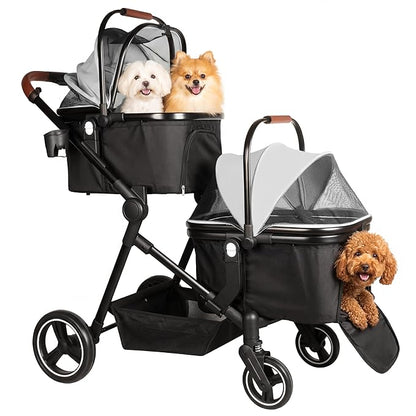 Foldable Double Pet Stroller for 2 Small Medium Cats or Dogs, Lightweight Single and Double Integrated Pet Stroller with Detachable Carriers
