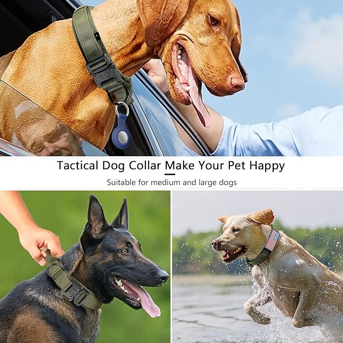 DAGANXI Tactical Dog Collar, Adjustable Military Training Nylon Dog Collar with Control Handle and Heavy Metal Buckle for Medium and Large Dogs, with Patches and Airtags Case (XL, Green)