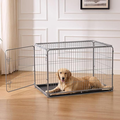 ZOMISIA Foldable Dog Crate for Large Dogs - 42 inch Escape-Proof Metal Kennel with Double Door, Easy Assembly Collapsible Cage with Removable Tray, Indoor Outdoor Use, Silver Gray
