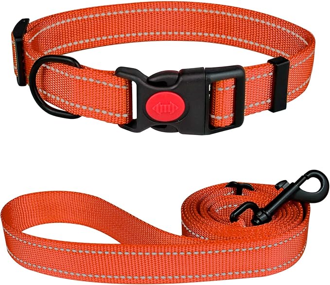Reflective Dog Collar and Leash Set with Safety Locking Buckle Nylon Pet Collars Adjustable for Small Medium Large Dogs 3 Sizes(Orange&S)