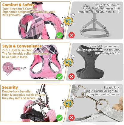 KOOLTAIL Dog Harness and Leash Set, Step in No Pull Soft Mesh Padded Pet Vest Harness Collar for Medium Size Dogs Cats Boy Girl, Breathable & Lightweight Plaid Puppy Harness, Pink M