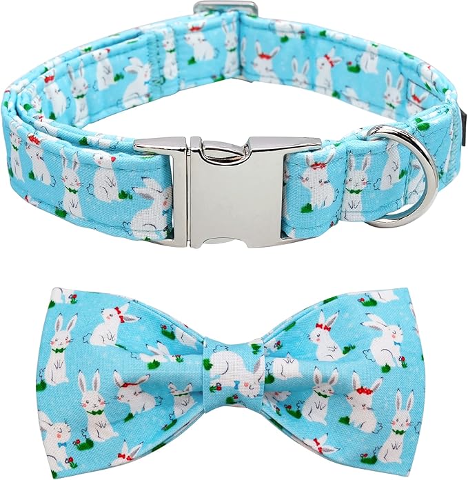 Lionet Paws Easter Dog Collar with Bowtie, Bunny Bowtie Collar with Metal Buckle for Dogs and Cats, Adjustable Comfortable Dog Collar Girl Boy ，XXS, Neck 7-11 in