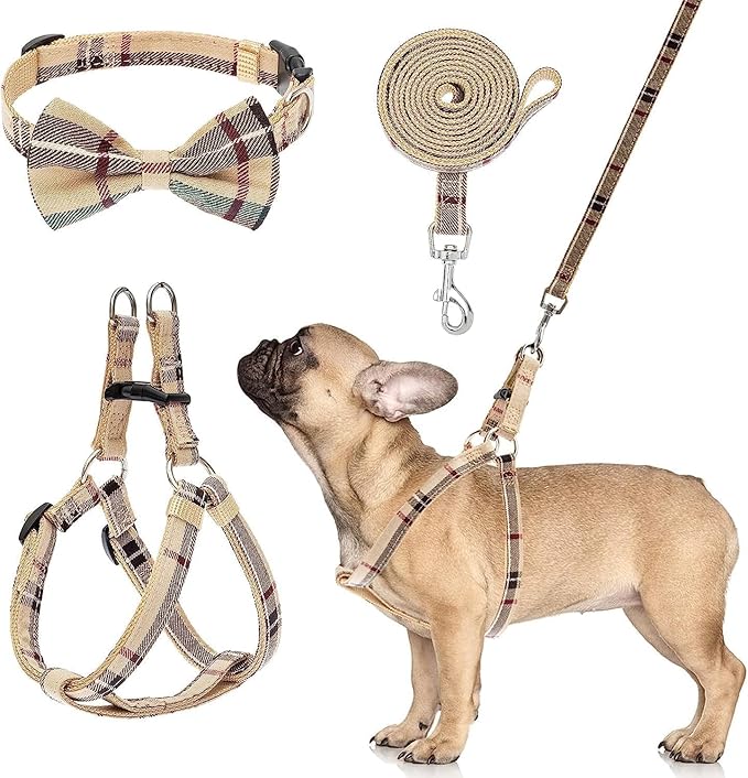 BINGPET Dog Harness Collar Leash Set,Adjustable No Pull Escape Proof Small Dog Harness,Classic Plaid Puppy Harness and Leash Set for Small Medium Large Dogs Training Easy Walk Running(Beige,M)