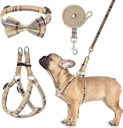 BINGPET Dog Harness Collar Leash Set,Adjustable No Pull Escape Proof Small Dog Harness,Classic Plaid Puppy Harness and Leash Set for Small Medium Large Dogs Training Easy Walk Running(Beige,M)