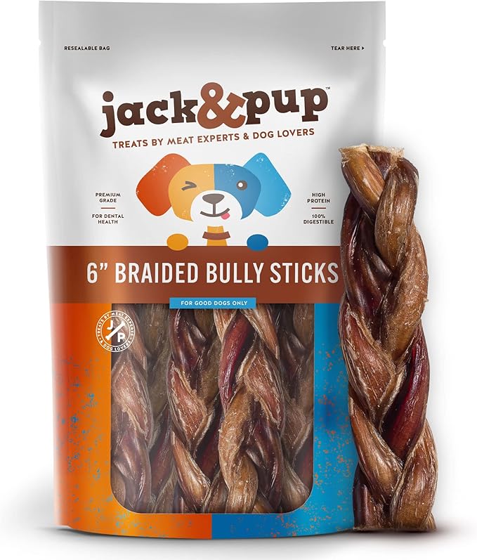 Jack&Pup 6" Braided Bully Sticks (5 Pack) Long Lasting Thick Bully Sticks for Medium to Large Dogs and Aggressive Chewers, Single Ingredient Dog Chews
