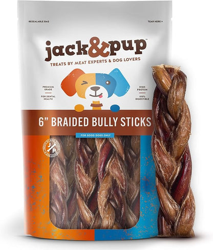 Jack&Pup 6" Braided Bully Sticks (5 Pack) Long Lasting Thick Bully Sticks for Medium to Large Dogs and Aggressive Chewers, Single Ingredient Dog Chews