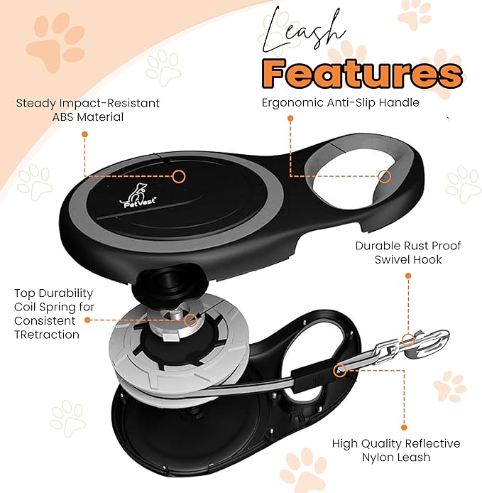 PetVest Retractable Dog Leash – Extendable up to 16 FT, Heavy Duty Nylon Tape, No-Tangle, One-Handed Brake & Lock, for Small to X-Large Dogs up to 110 lbs (Black)
