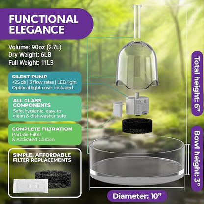 Brook Glass Pet Fountain (90oz/2.7L) – Cat & Dog Water Fountain – Glass Cat Fountain & Automatic Water Dispenser for Drinking