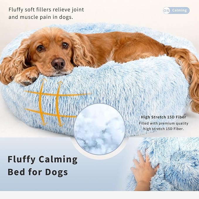 Calming Dog Bed for Medium Dogs Washable Donut 30 inches Anti-Slip Pet Bed,Round Fluffy Plush Faux Fur Cat Bed,Fits up to 45 lbs Pets,Gradient Blue