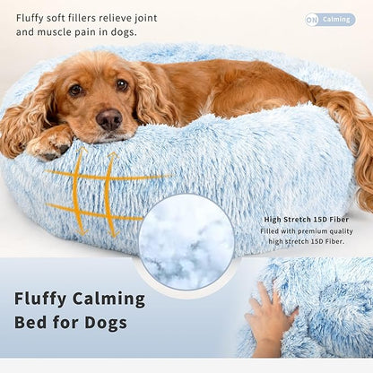 Calming Dog Bed for Medium Dogs Washable Donut 30 inches Anti-Slip Pet Bed,Round Fluffy Plush Faux Fur Cat Bed,Fits up to 45 lbs Pets,Gradient Blue