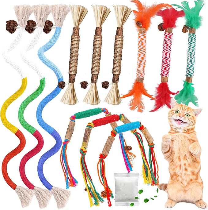 GBSYU Silvervine Sticks for Cats & Cat Chew Rope Toy with Refillable Natural Catnip Bag for Teeth Cleaning, Interactive Cat Catnip Toys for Indoor Cats, Kitten Teething Toys for All Breeds (12Pcs)