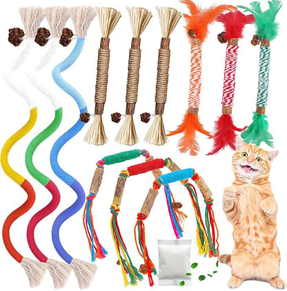 GBSYU Silvervine Sticks for Cats & Cat Chew Rope Toy with Refillable Natural Catnip Bag for Teeth Cleaning, Interactive Cat Catnip Toys for Indoor Cats, Kitten Teething Toys for All Breeds (12Pcs)
