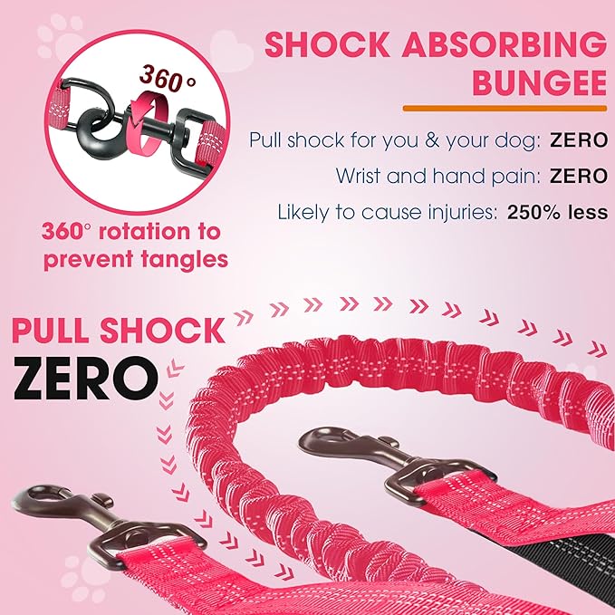 Hands Free Dog Leash with Waist Belt – No-Pull Bungee, Dual Padded Handles & Zipper Pouch for Running, Walking & Training – Adjustable Waist Leash for Large & Medium Dogs (Pink)