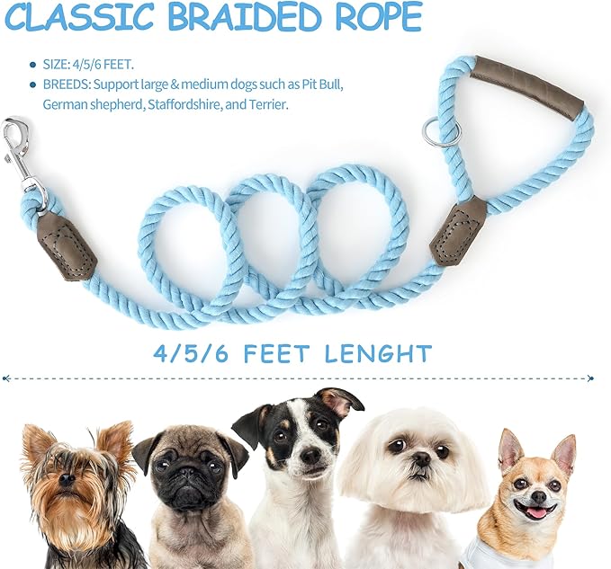 Mile High Life Dog Leash, Braided Cotton Rope Leashes with Leather Handle - Heavy Duty Metal Clasp, 5FT, 1/2" Thick - Wedding, Walking & Training Leash for Small Medium Large Dogs (Sky Blue)