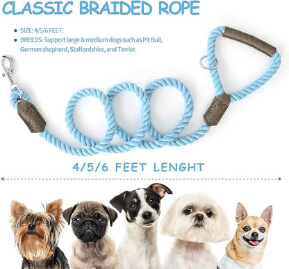 Mile High Life Dog Leash, Braided Cotton Rope Leashes with Leather Handle - Heavy Duty Metal Clasp, 6FT, 1/2" Thick - Wedding, Walking & Training Leash for Small Medium Large Dogs (Sky Blue)
