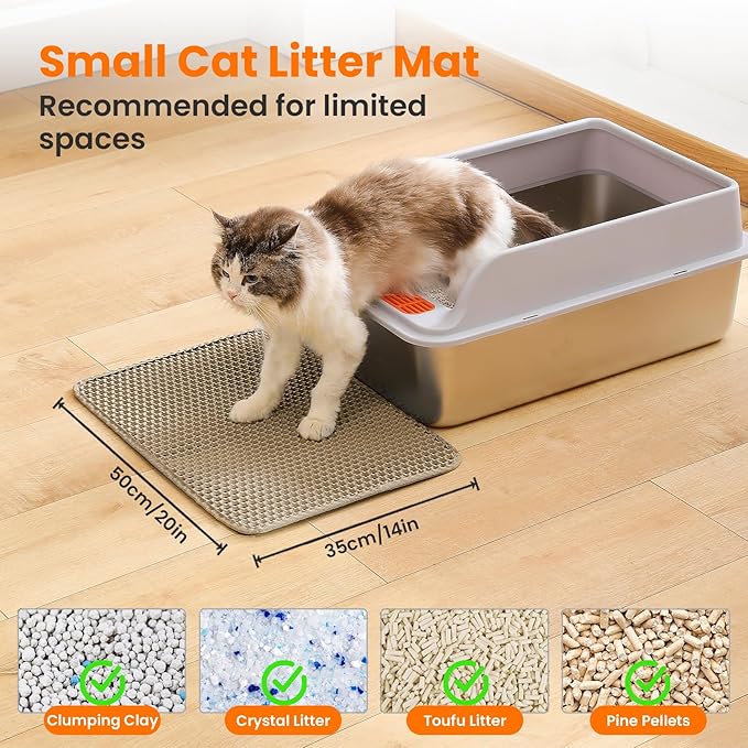 Petinstinct Small Cat Litter Mat, 20x14’’ Double Layer Honeycomb Cat Litter Box Mat, Non Slip Waterproof Urine Proof Litter Trapping Mat for Floor, Kitty Litter Pad, Indoor Pet Supplies, Beige