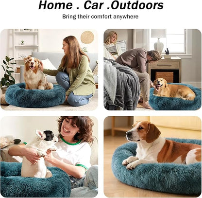 NOYAL Calming Donut Dog Bed for Small to Medium Dogs & Cats - Plush Faux Fur Anti-Anxiety Pet Bed with Machine Washable Cover & Non-Slip Base