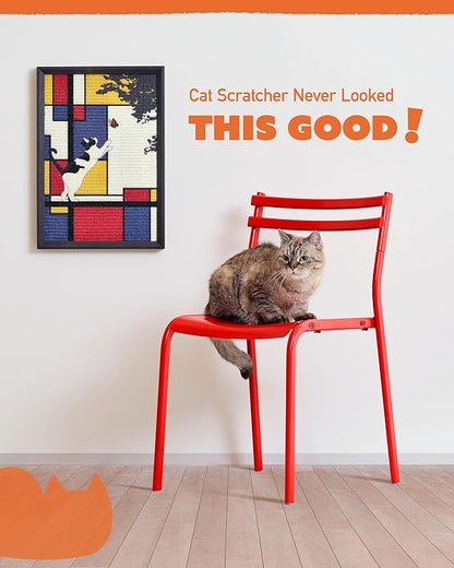 Decorative Wall Art Cat Scratcher for Vertical Scratching, 14"x20" Framed Sisal Scratch Pad Mat with Renter-Friendly No-Drill Wall Mounted Setup, Durable Alternative to Cardboard (Mondrian's Cat)