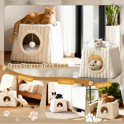 Indoor Cat House - Large Cat Bed Cave with Fluffy Balls and Scratch Pads, Foldable House and Apartment with Pads, Suitable for Multiple Cats(White, Large)