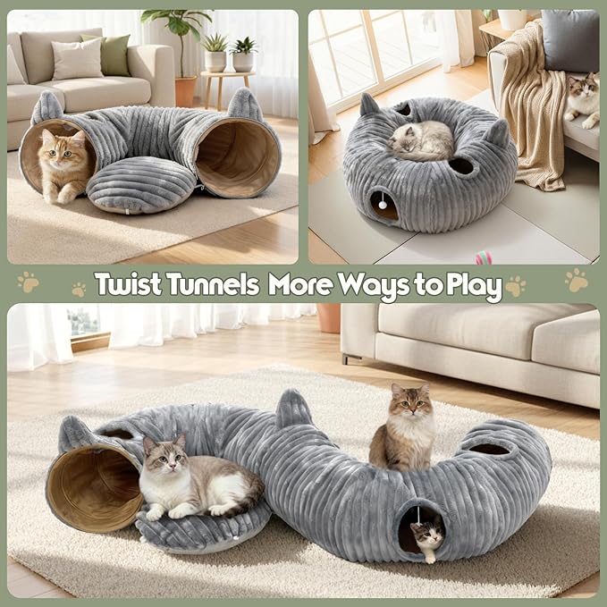 OurWarm Cat Tunnel Bed for Indoor Cats - Round Cat Tunnel Bed with Removable and Washable Circle Cushion, Donut Cats Play Tunnels, Kitten Toys with Ear Sounds for Kitten/Puppy/Rabbit, Grey