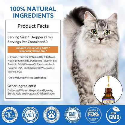 L-lysine Supplement for Cats, Immune Support for Cats, Support for Feline Respiratory, Sneezing, Runny Nose, Eye Function, Helps Strengthen Natural Defenses, Chicken Flavor (2PCS)