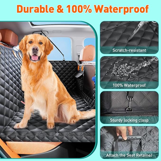 HikeSeptPals Ultra Thick Hard Bottom Dog Car Seat Cover for Back Seat, Waterproof Dog Hammock for Car with Mesh Window & Pocket, Pet Rear Seat Cover Protector Holds 400lbs for Car SUV