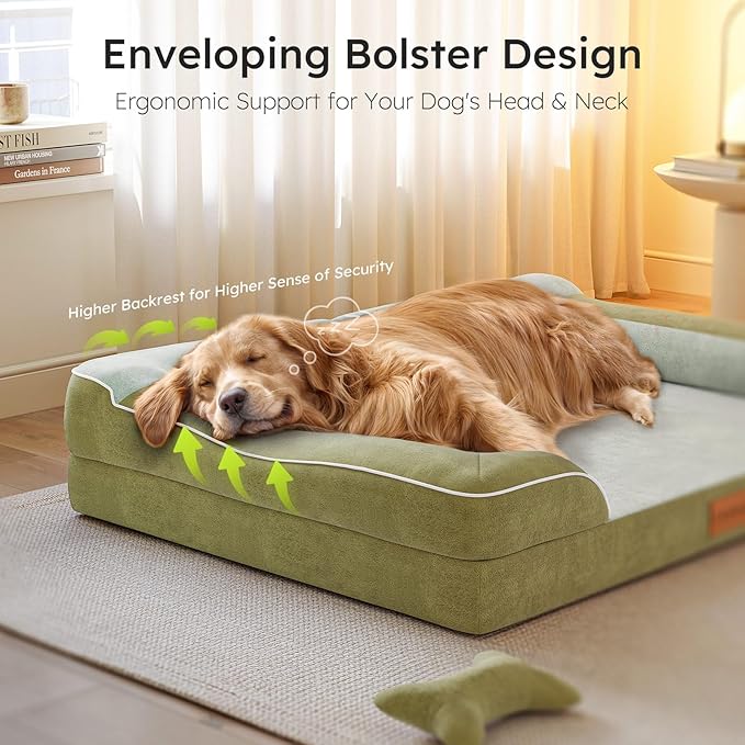 CWAWZ XXL Dog Bed for Extra Large Dogs, Giant Orthopedic Dog Bed with Cooling Gel Memory Foam, Waterproof Pet Bed with Removable Washable Cover, 53" Pet Sofa bed Dutch Velvet with Bone Toy, Dark Green