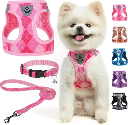 SCENEREAL Small Dog Harness and Leash Collar Set, Step in No Pull Soft Mesh Dog Harnesses for Small Medium Sized Dogs Puppy and Cats Outdoor Walking, No Chock Reflective Vest Harness, Pink Plaid XS