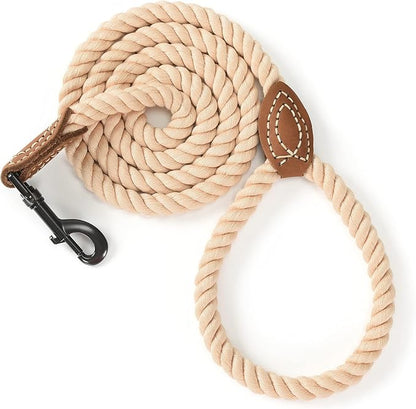 Mile High Life Dog Leash, Braided Cotton Rope Leashes with Leather Tip - Heavy Duty Metal Clasp, 4FT, 1/2" Thick - Wedding, Walking & Training Leash for Small Medium Large Dogs (Light Brown)