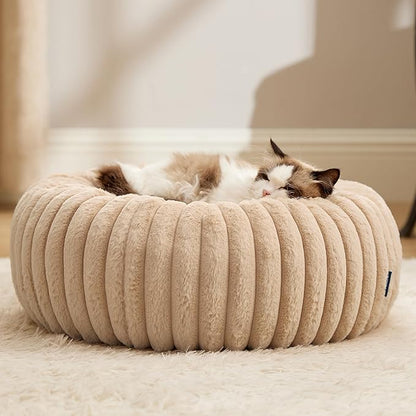 Bedsure ComfyFleece Cat beds for Indoor Cats - Donut Dog Beds for Small Dogs with Corduroy Fleece & Anti Slip Bottom, Faux Fur Pet Beds with Washable Removable Cover, Sandy Beige, 20x20x6 inches