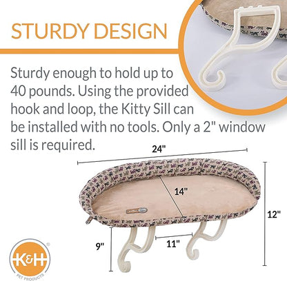 K&H Pet Products Bolster Kitty Sill Cat Window Perch Bed for Large Cats, Orthopedic Window Hammock Holds 40 lbs, Washable Cover, Indoor Windowsill Furniture Bed Seat - Tan/Kitty Unheated 14 X 24in