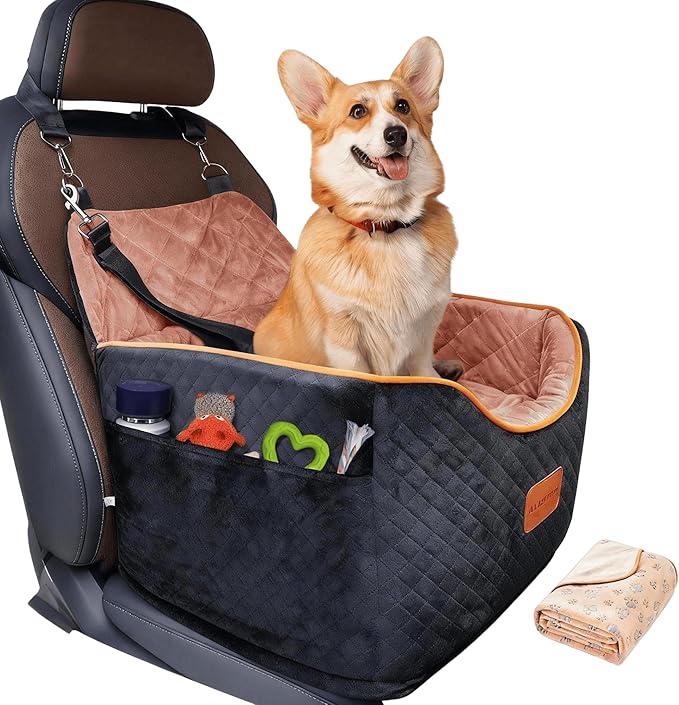 AlfaTok Memory Foam Booster Dog Car Seat with Washable Removable Cover, Elevated Pet Car Seat, Anti-Slip Sturdy Booster Seats for Small Dogs 35lbs, Seat Belt, Storage Pocket, Dog Blankets